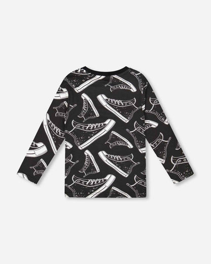 Long Sleeve Organic Cotton Allover Print Tee Black