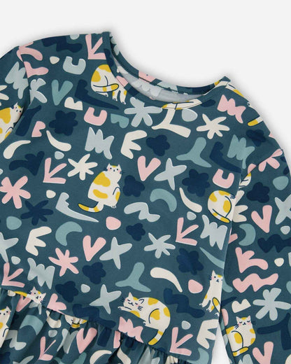 Jersey Dress Green Cat Print