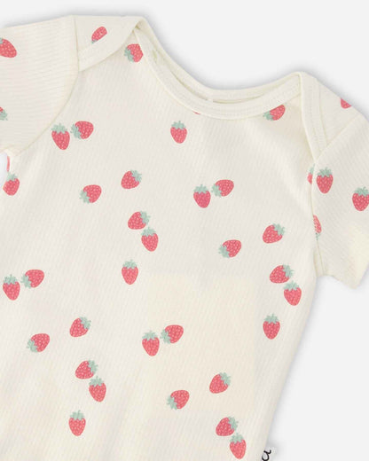 Evolutive Cotton Rib Jersey Onesie White Printed Strawberries