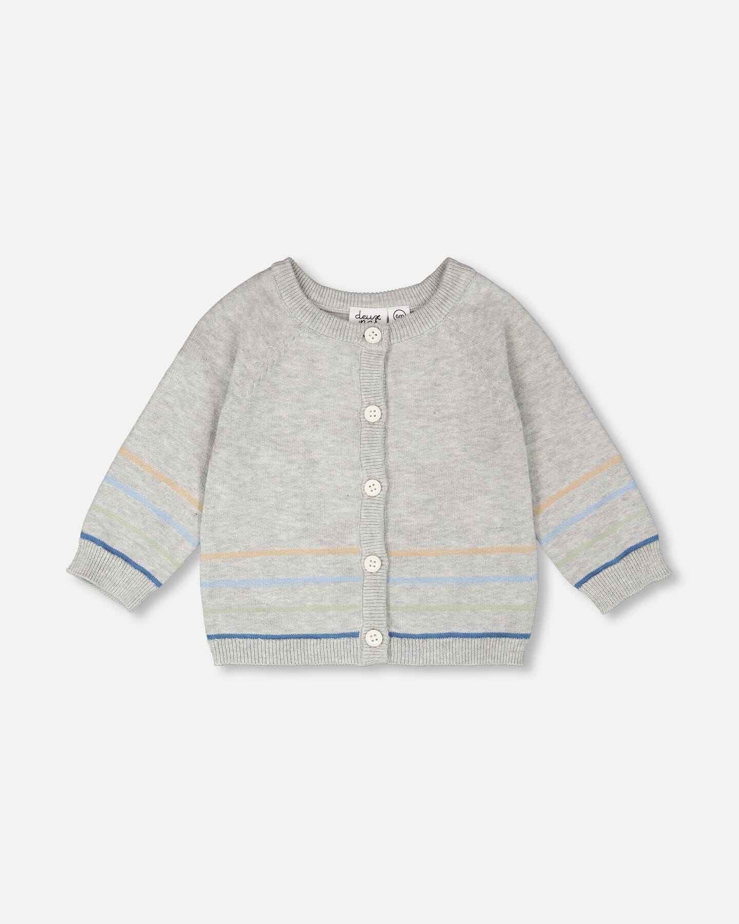 Cotton Knit Striped Button Front Cardigan Light Heather Grey