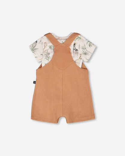 Organic Cotton Jersey Onesie And Cotton Rib Shortall Set Beige Zebra Print And Caramel