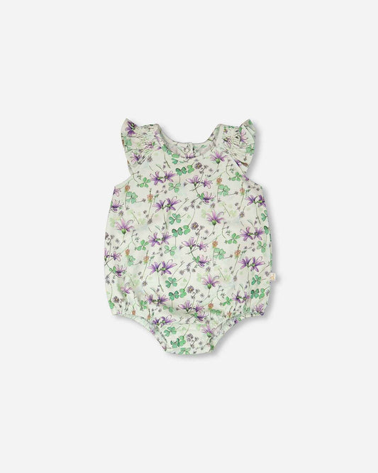 Jersey Romper Green Printed Flowers