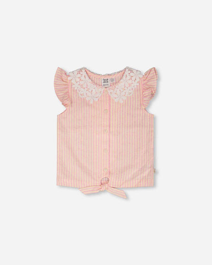 Sleeveless Shirt Pink And Yellow Stripes With Crochet Collar