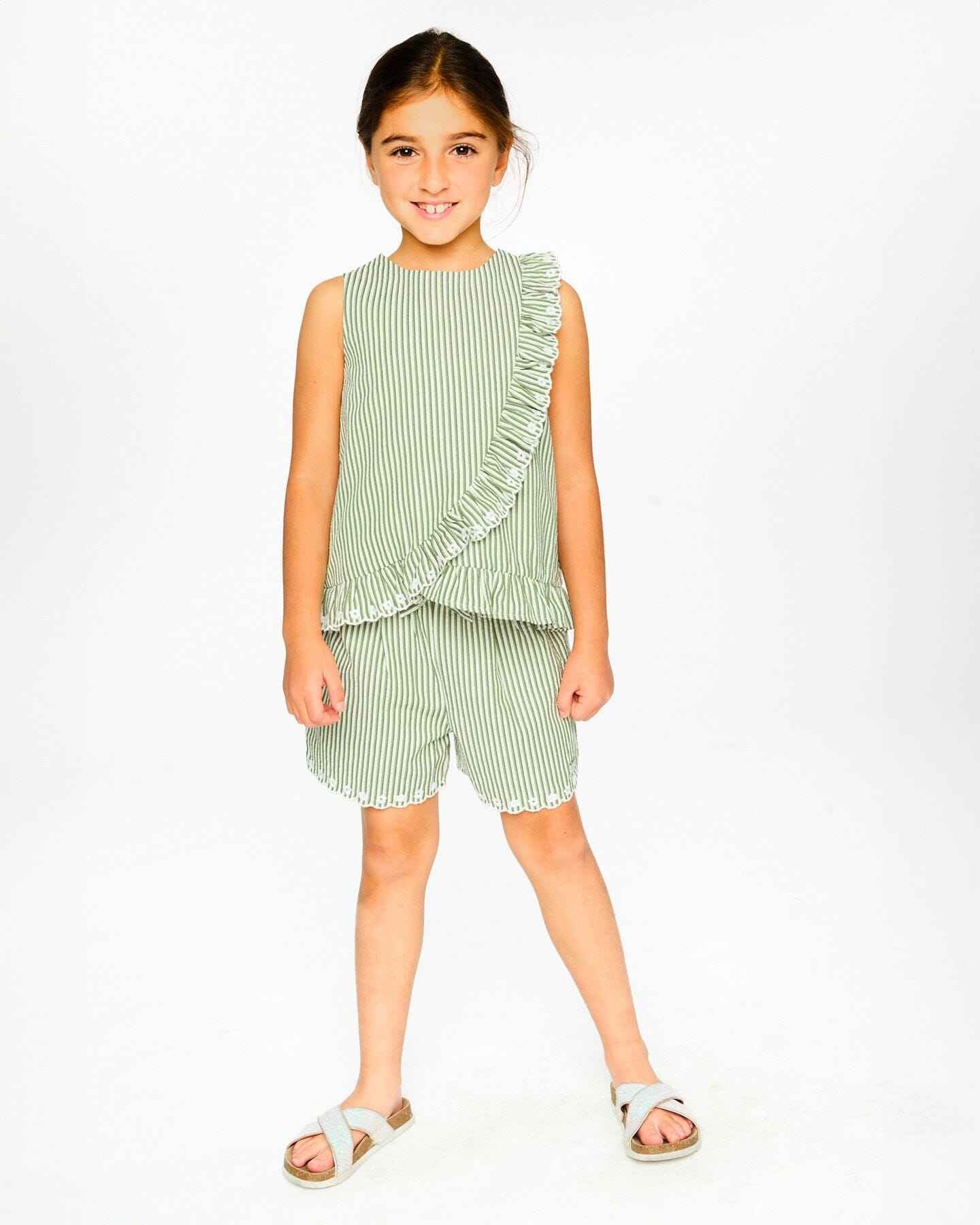 Top Green & Off White Stripes With Embroidered Ruffle