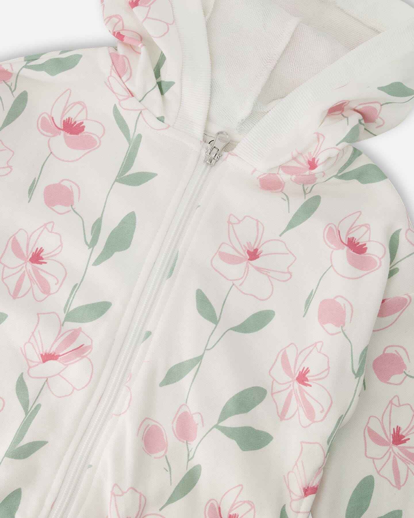 French Terry Hoodie Off White Printed Flowers
