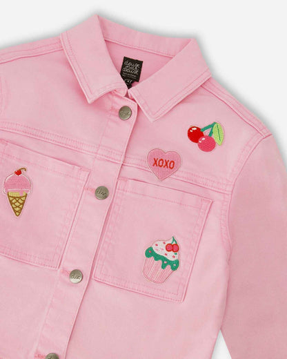 Pink Denim Jacket With Embroidered Patches