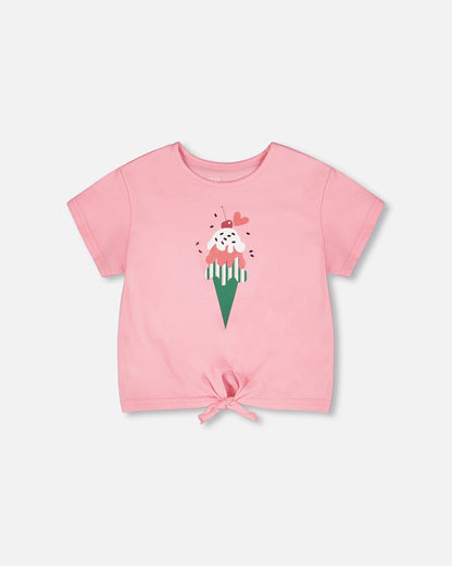 Organic Cotton Jersey T-Shirt With Tie At Waist Pink