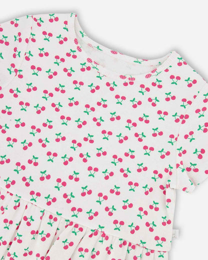 Rib Crop T-Shirt With Frill White Printed Cheeries