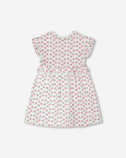 Cotton Rib Dress White Printed Cherries