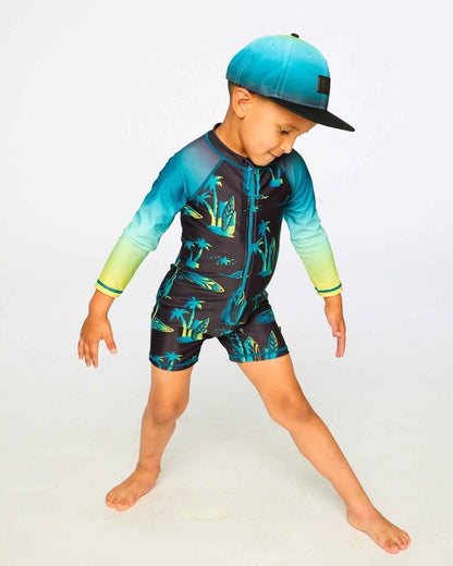 One-Piece Long Sleeve Rashguard Black Surf Print