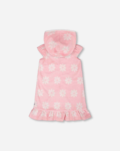 Terry Cloth Beach Hoodie Dress Pink Printed Flowers