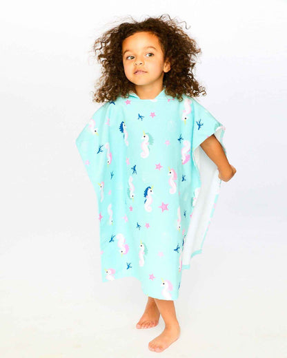 Hooded Beach Towel Blue Seahorse Print