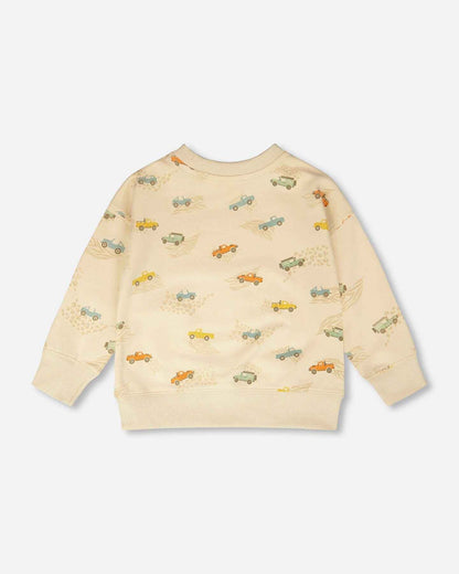 French Terry Sweatshirt Beige Jeep Print