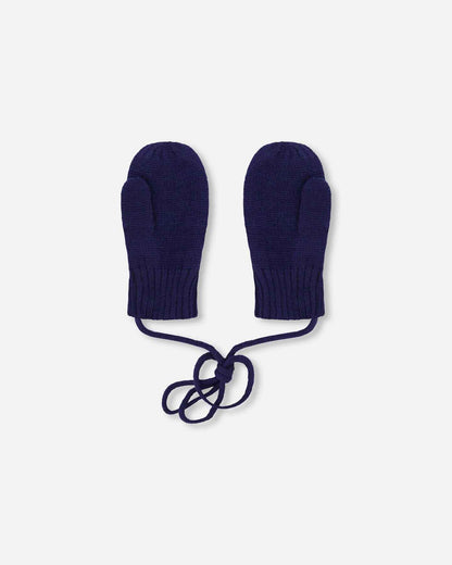 Baby Knit Mittens With Cord Navy Blue