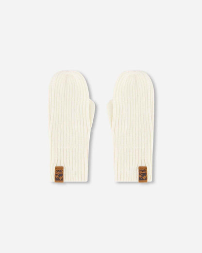 Ribbed Knit Mittens Off White