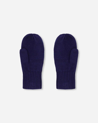 Ribbed Knit Mittens Navy Blue