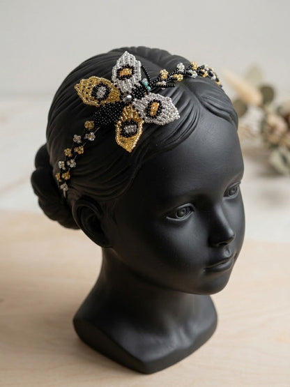 Beaded Headband with Butterfly Golden & White