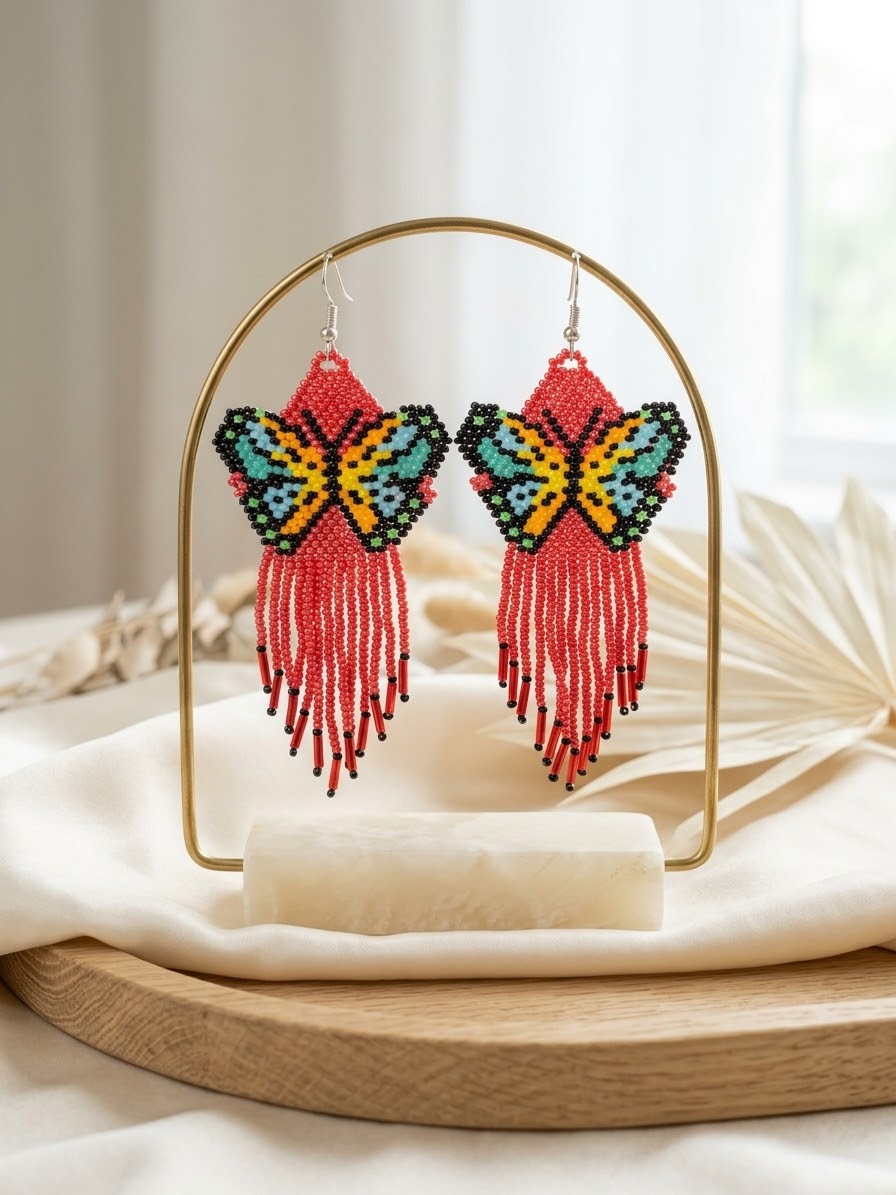 Red Beaded Dancing Wing Earrings