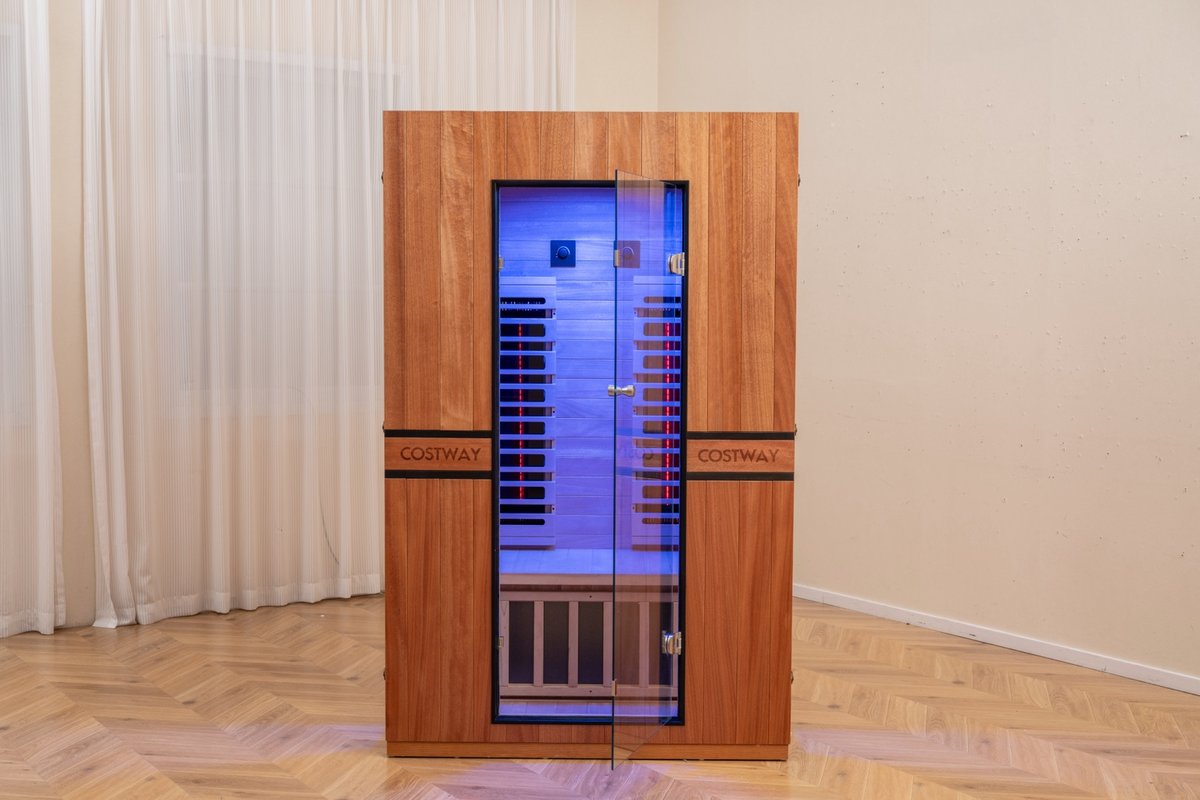PREORDER NOVEMBER 2026-Costway 2-Person Dual Therapy Full Spectrum Infrared Sauna with Red Light Panel, WiFi App Control, Chromotherapy & Bluetooth – Okoume Wood- Fully Loaded Indoor Spa