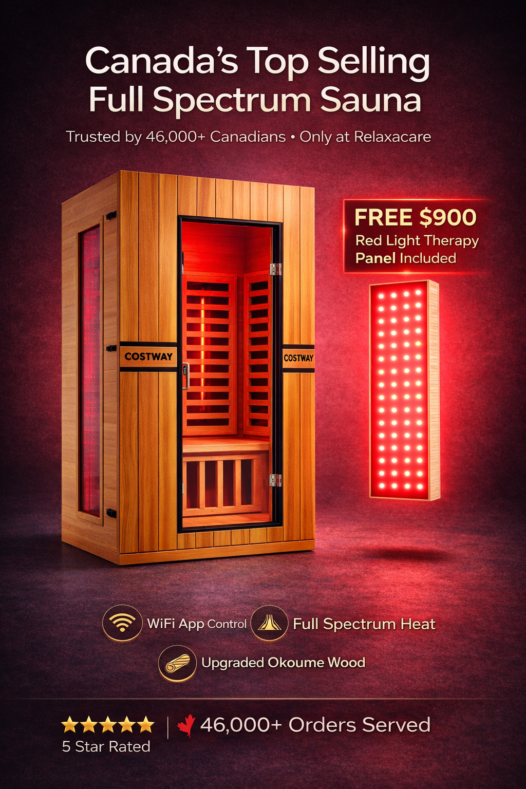 PREORDER NOVEMBER 2026-Costway 2-Person Dual Therapy Full Spectrum Infrared Sauna with Red Light Panel, WiFi App Control, Chromotherapy & Bluetooth – Okoume Wood- Fully Loaded Indoor Spa