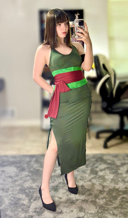 Female Zoro Cosplay Green Sleeveless High-slit Long Dress Halloween Costume