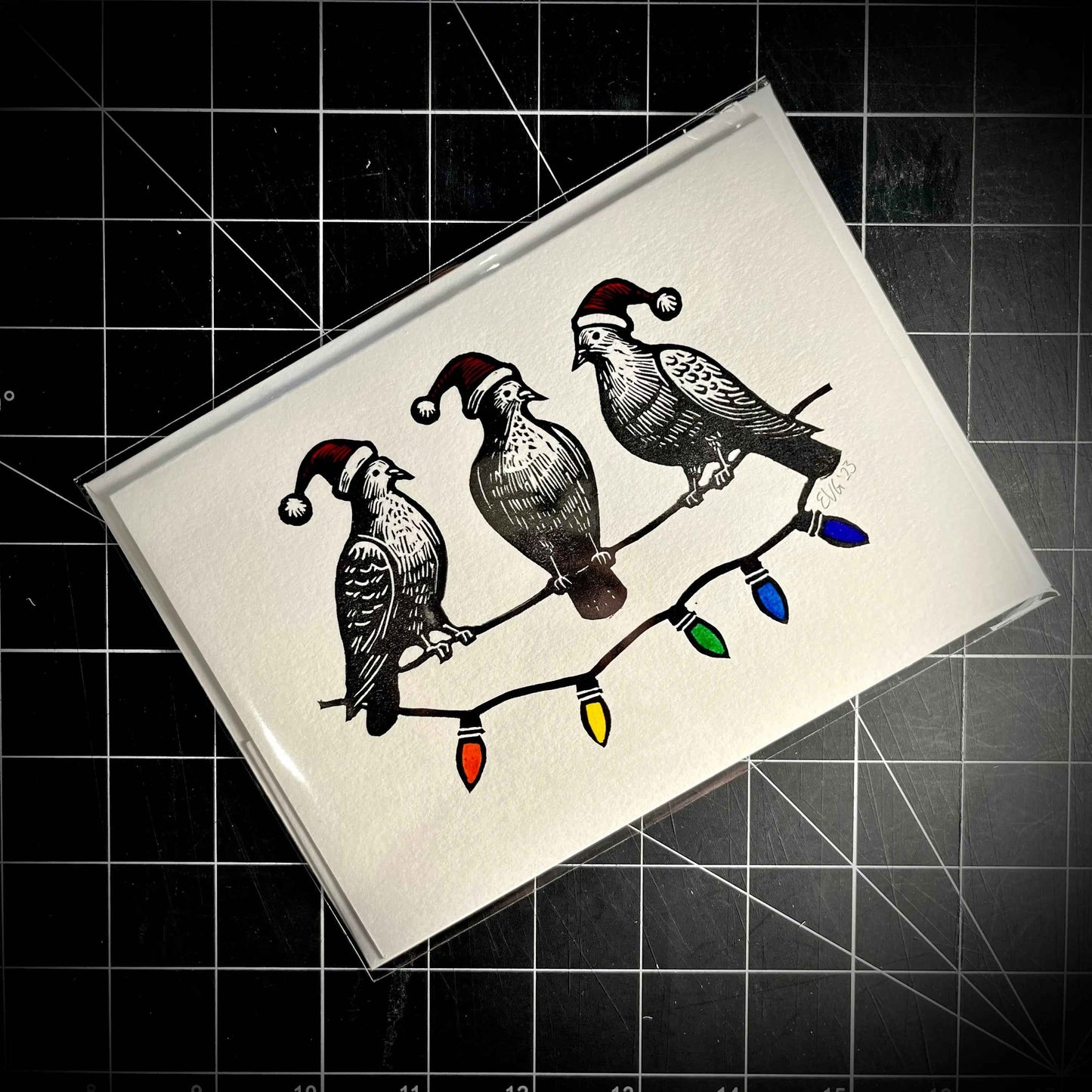 Three Pigeons Slaying Holiday Card | LINOCUT CARD