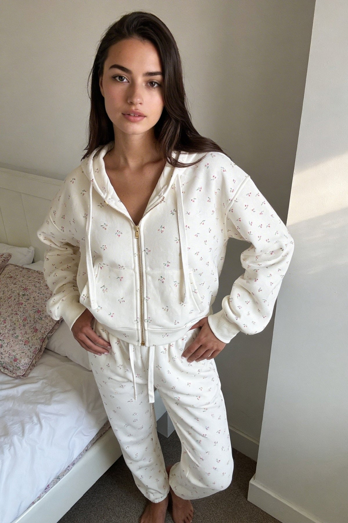 Camille – Cotton Signature Print Zip Hoodie & Jogger Leisure Set 2PC In Floral