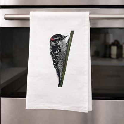 Flour Sack Tea Towel - 100% Organic Cotton - Downy Woodpecker