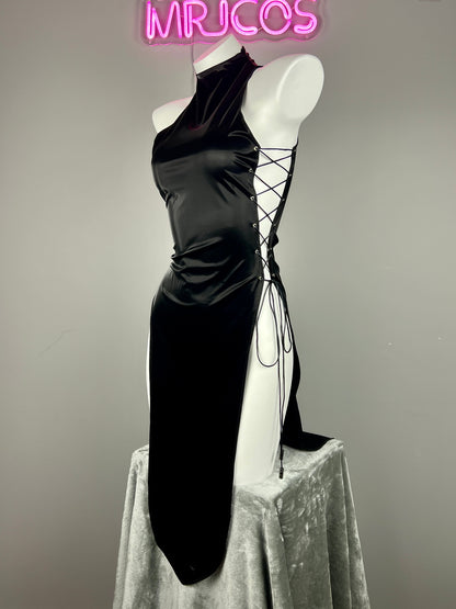 Vintage PU Leather Satin Cheongsam Lingerie Sexy Party Dress Costume