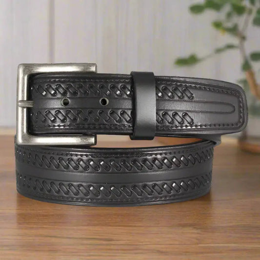 Keldon Leather Men's Whipstitch Tooled Leather Removable Buckle Belt