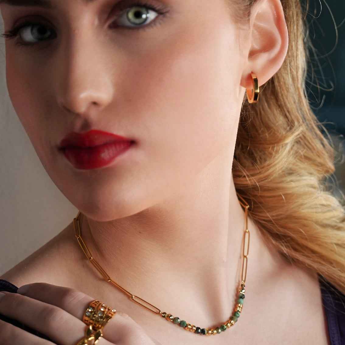 LAIMA: African Turquoise Stones & Gold Beaded Paper-Clip Chain Necklace