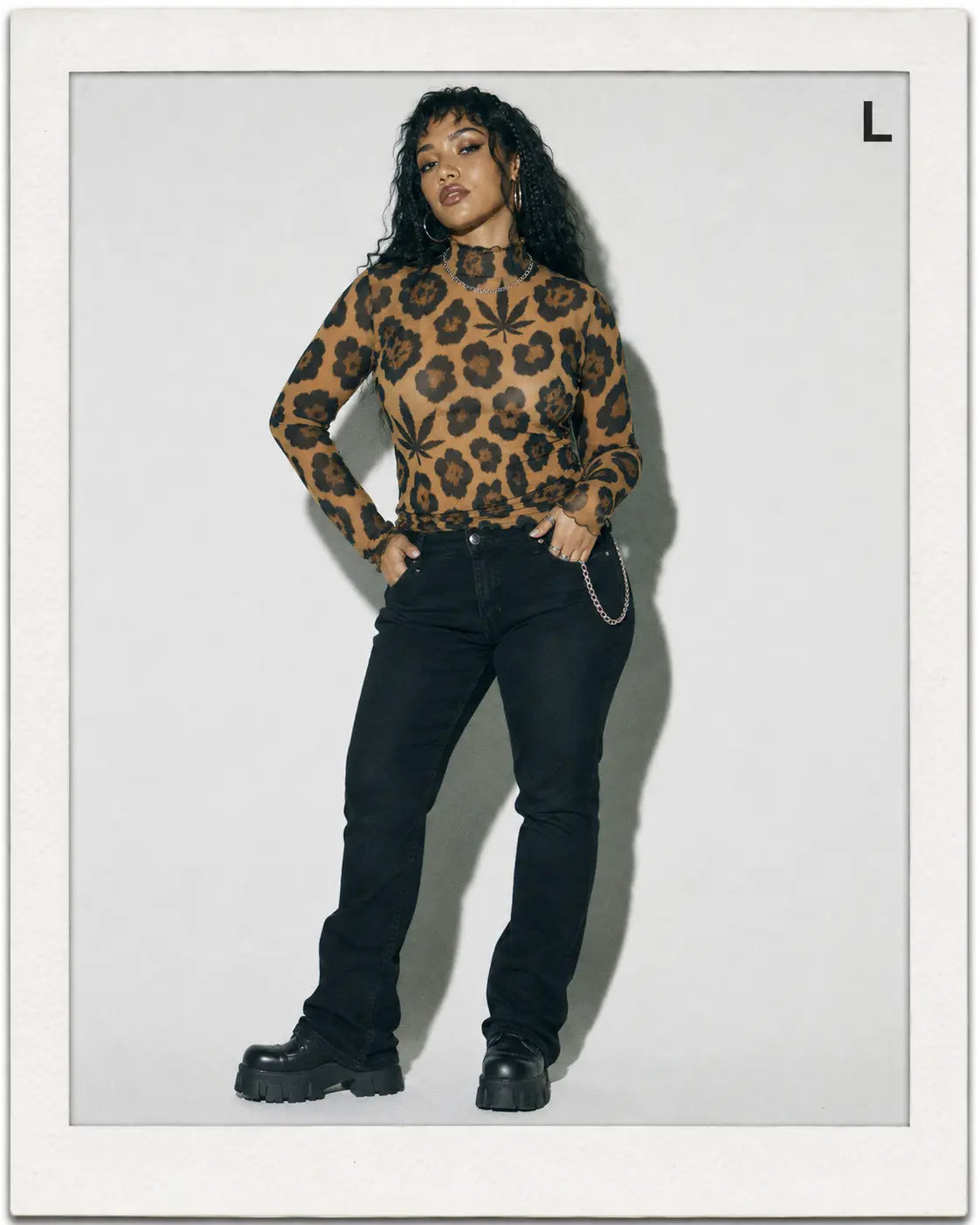 Leopard High-Neck Mesh Long-Sleeve Top