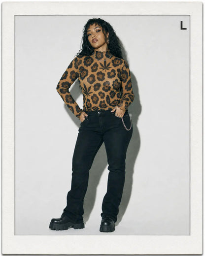 Leopard High-Neck Mesh Long-Sleeve Top