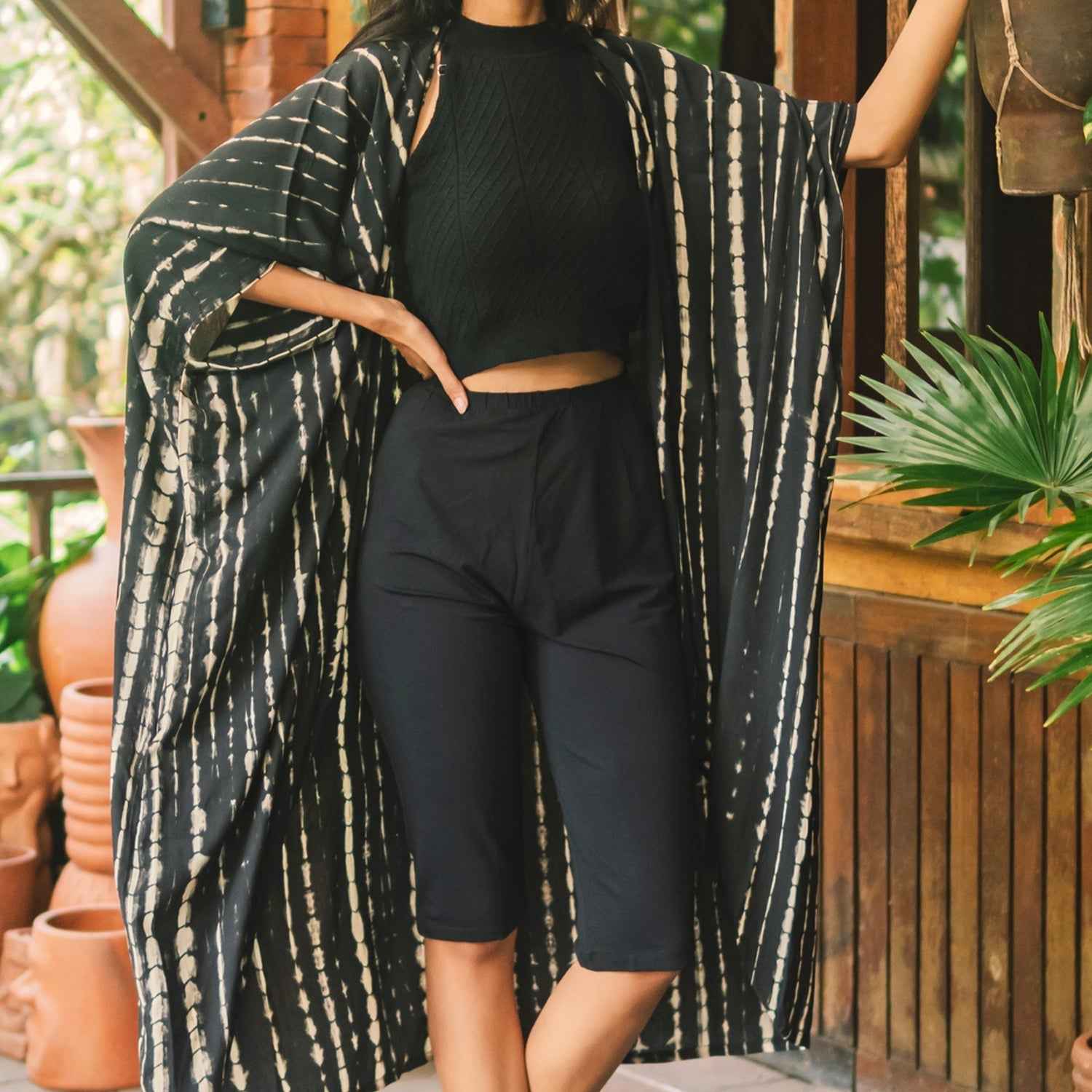 Black & White Tie Dye Long Kimono