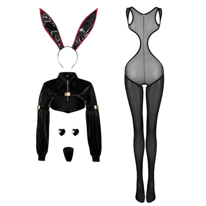Bunny Girl Sexy Cute Costume PU Jacket Sheer Stockings Cosplay Lingerie Set