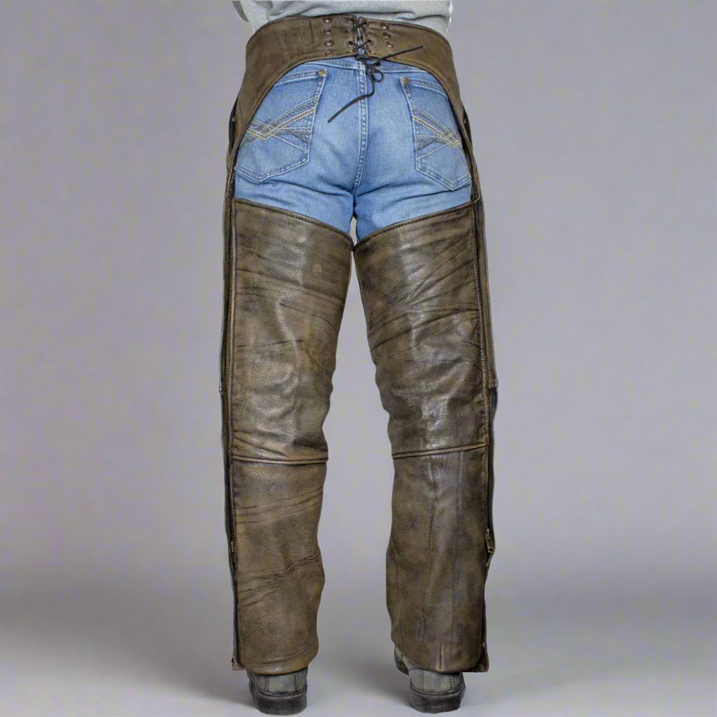 Open Road Men's Distressed Brown 4 Pocket Premium Leather Chaps