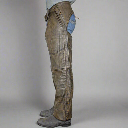 Open Road Men's Distressed Brown 4 Pocket Premium Leather Chaps