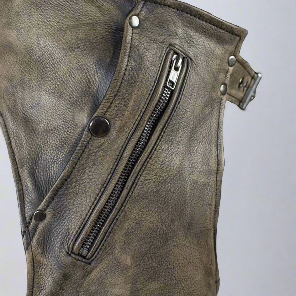 Open Road Men's Distressed Brown 4 Pocket Premium Leather Chaps