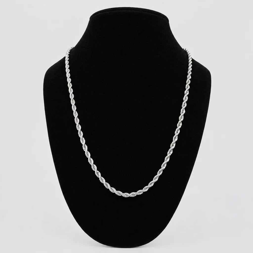 Men’s 24" Stainless Steel Silver Rope Chain Necklace. Heavy-Duty Biker Necklace