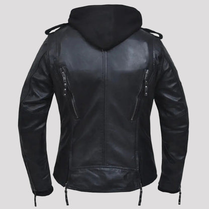 Open Road Women's Hooded Classic Leather Motorcycle Jacket