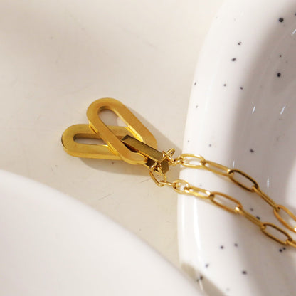 CHICALA: Zirconia-Embedded Oval Shaped Charms Pendant on Paper-Clip Chain Necklace