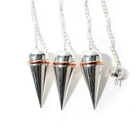 Silver Colour Metal Secret Chamber Point Pendulum with Copper Ring and Chain - 3 Pack
