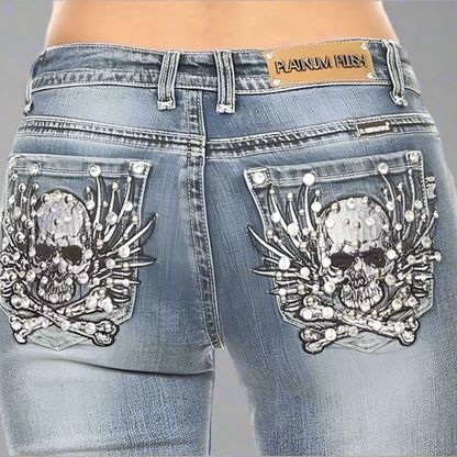 Platinum Plush Women's Rhinestone Skull & Bones Bootcut Jeans