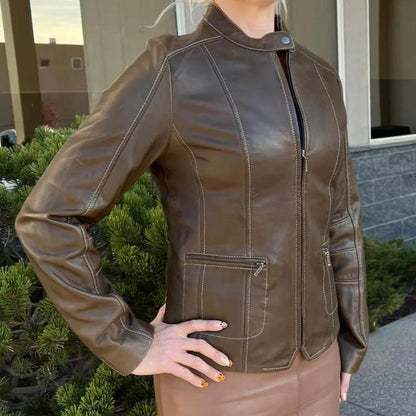 Women's Snap Collar Lamb Leather Jacket