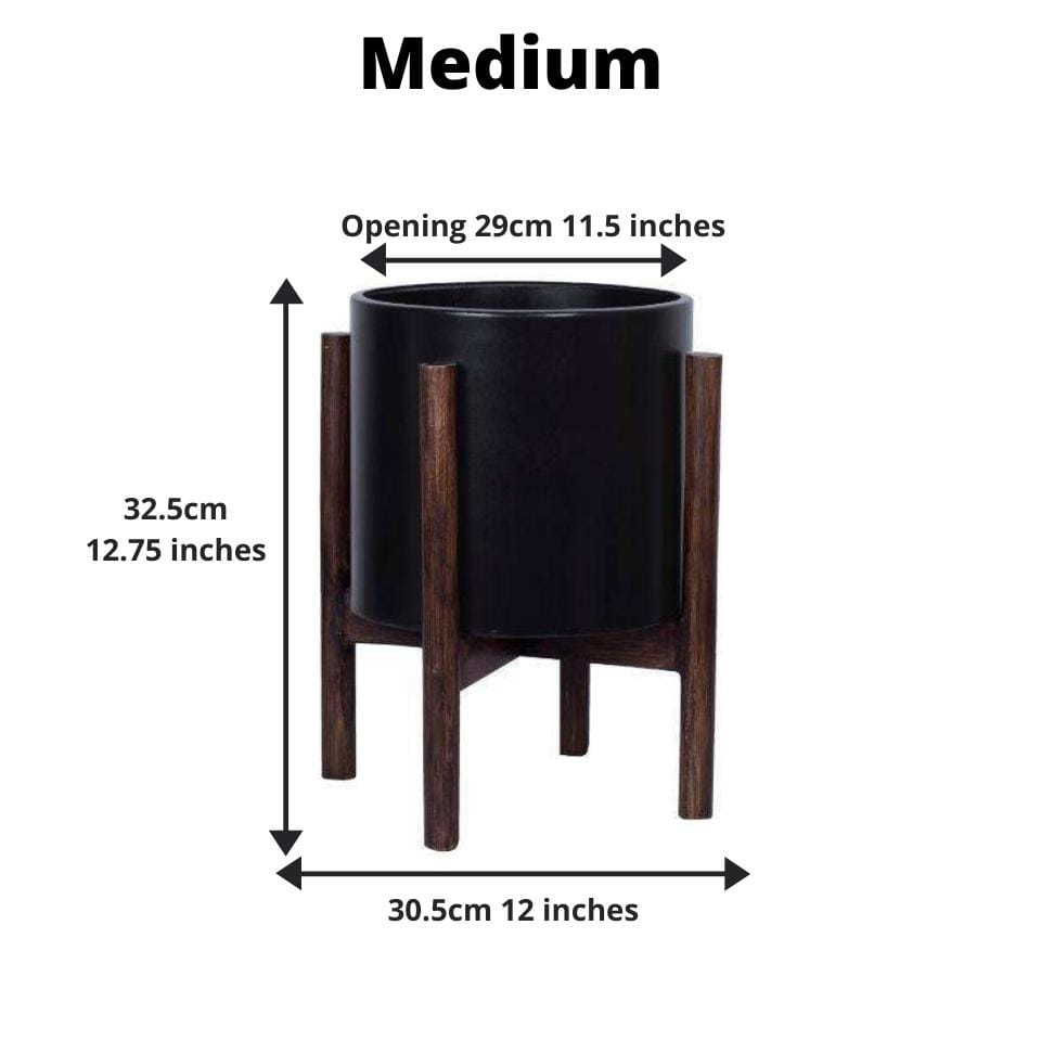 Rica – Mid-Century Modern Pflanzenständer mit schwarzem Übertopf (verschiedene Größen)