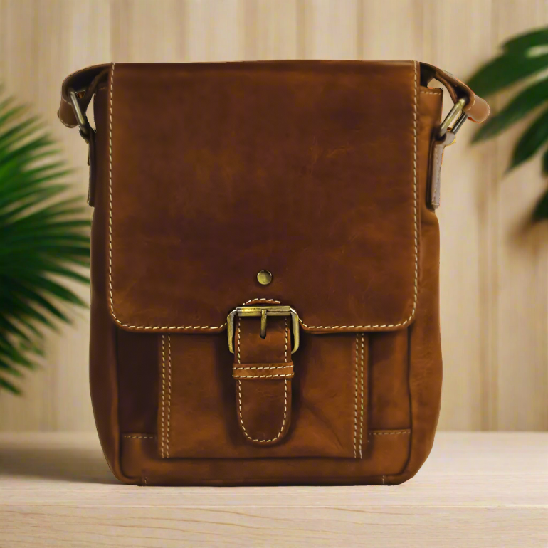 Rugged Earth Leather Bag with Front Flap and Buckle