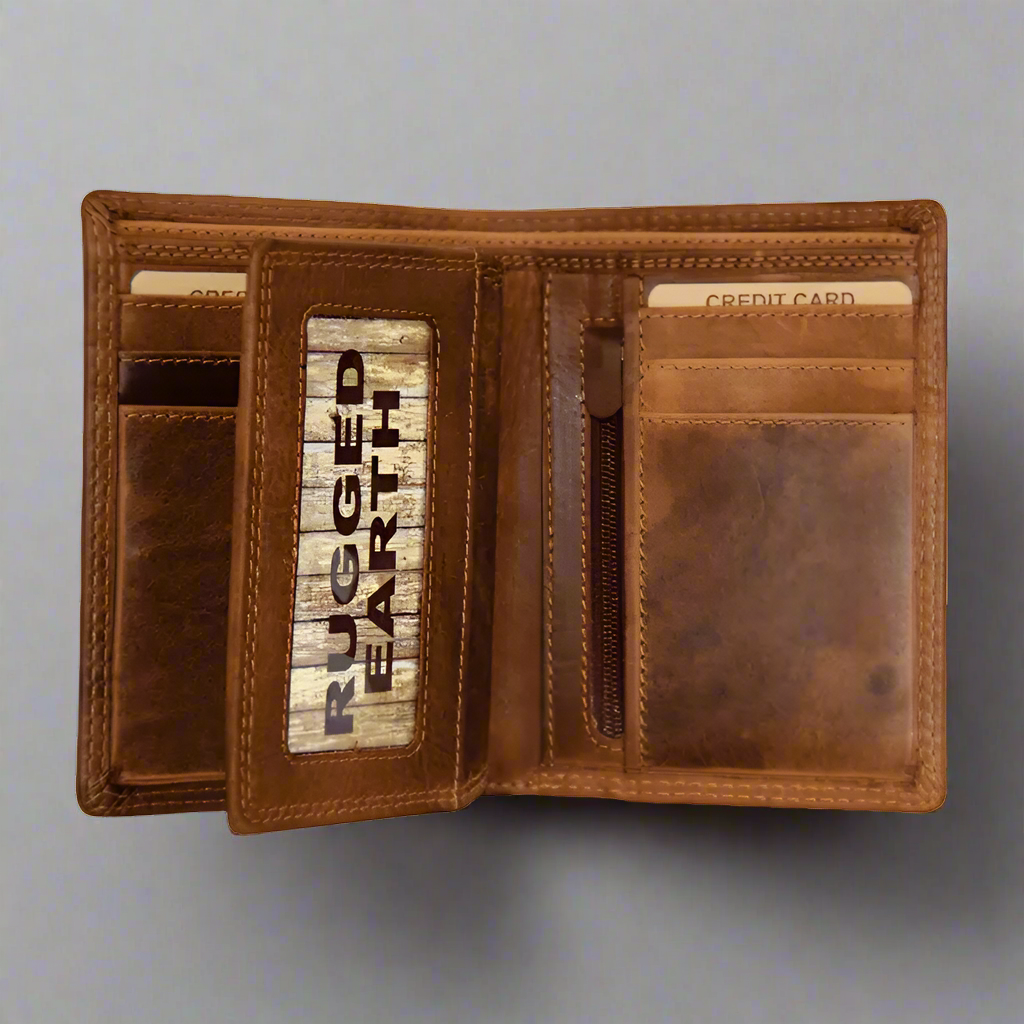 Rugged Earth Men's Trifold Leather Wallet with Zip Coin Pocket