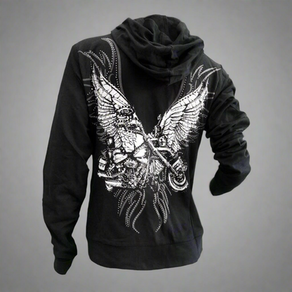 Women's Rhinestone Motorcycle Wing Hoodie