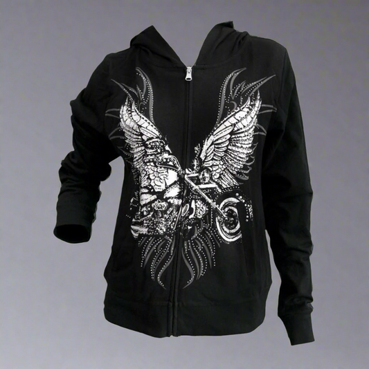Women's Rhinestone Motorcycle Wing Hoodie