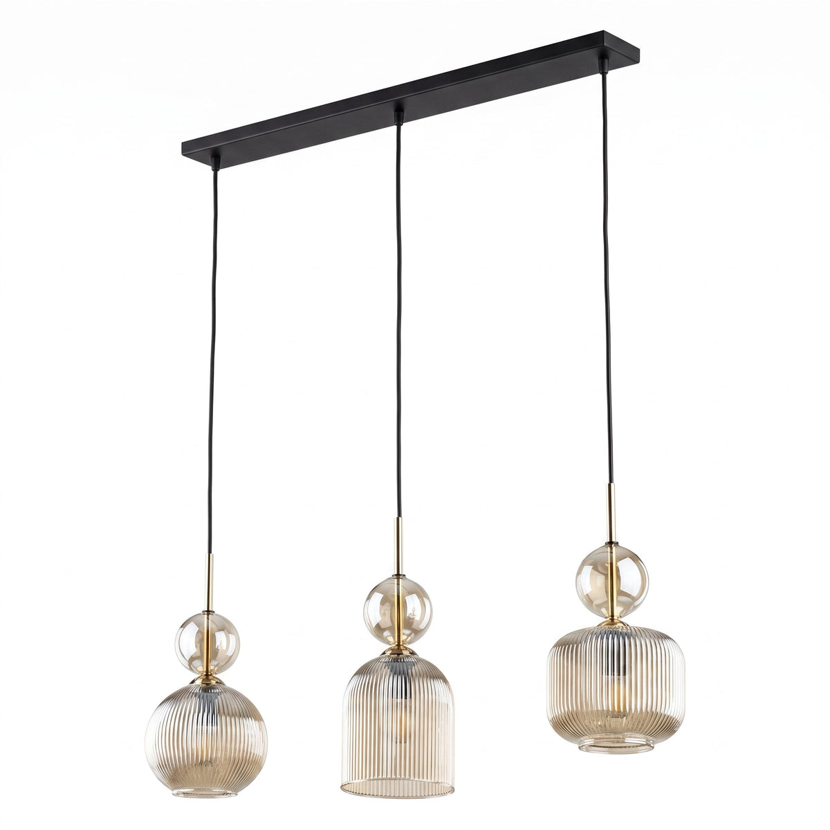 SOPHIA Cognac Ribbed Glass 3-Light Linear Pendant for Dining, Living Room & Kitchen